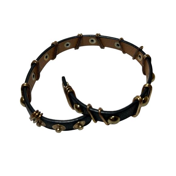 Leather Bracelet Black Gold Tone Studded Buckle Wrapped Metal Adjustable Punk - Picture 9 of 10